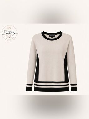 Investments Woman Colorblock Knit Sweater 1X Black Ivory Classic Career Chic